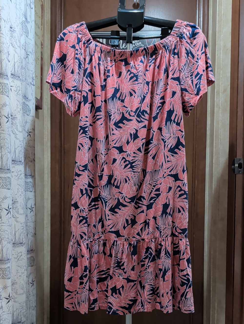 Lands' End Coral Pink and Navy Blue Floral Midi Dress